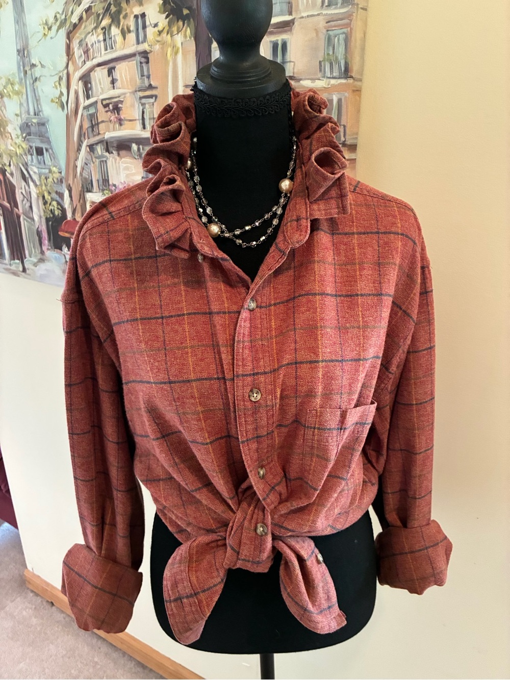 Eddie Bauer Rust Plaid Ruffle-Collar Button-Front Shirt